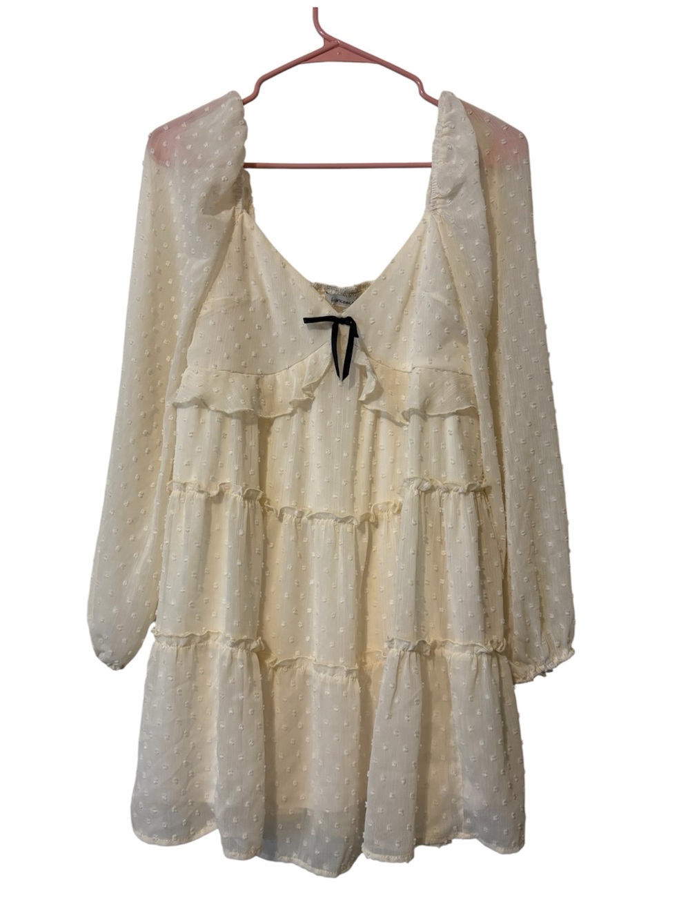 Francesca's Ivory Swiss Dot Babydoll Dress with Black Bow